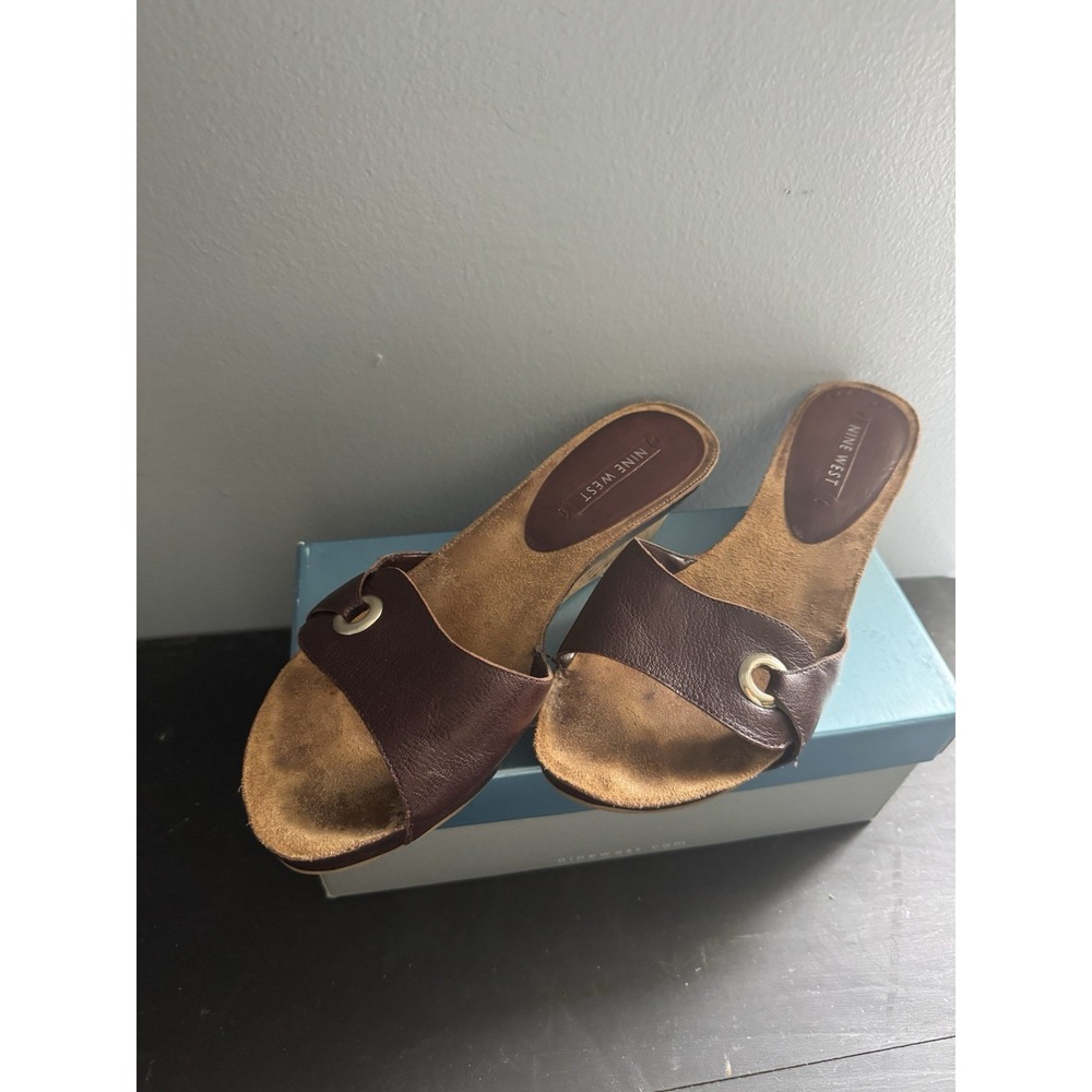 Nine West Women's 8.5 brown leather slide sandals wedge heel
